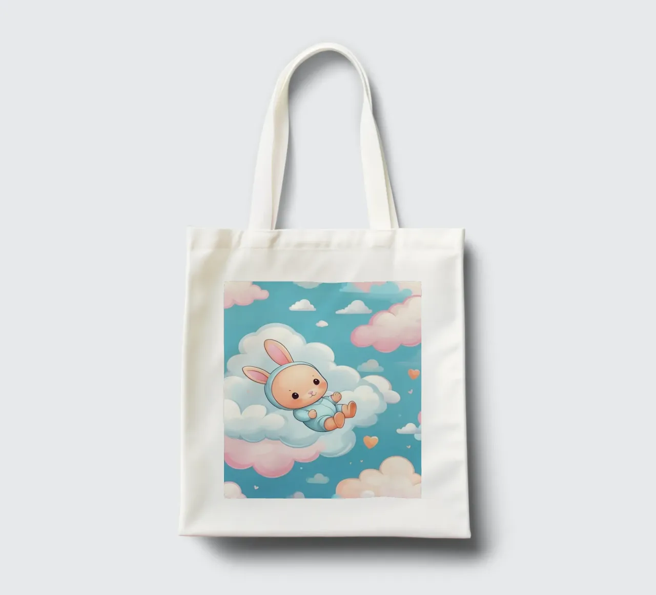 Cute bunny floating among fluffy clouds with pastel colors tote bag by DesignDoodle