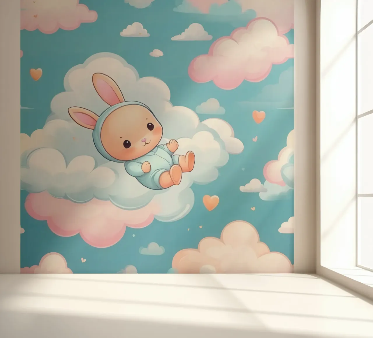 Cute bunny floating among fluffy clouds with pastel colors photo wallpaper by DesignDoodle