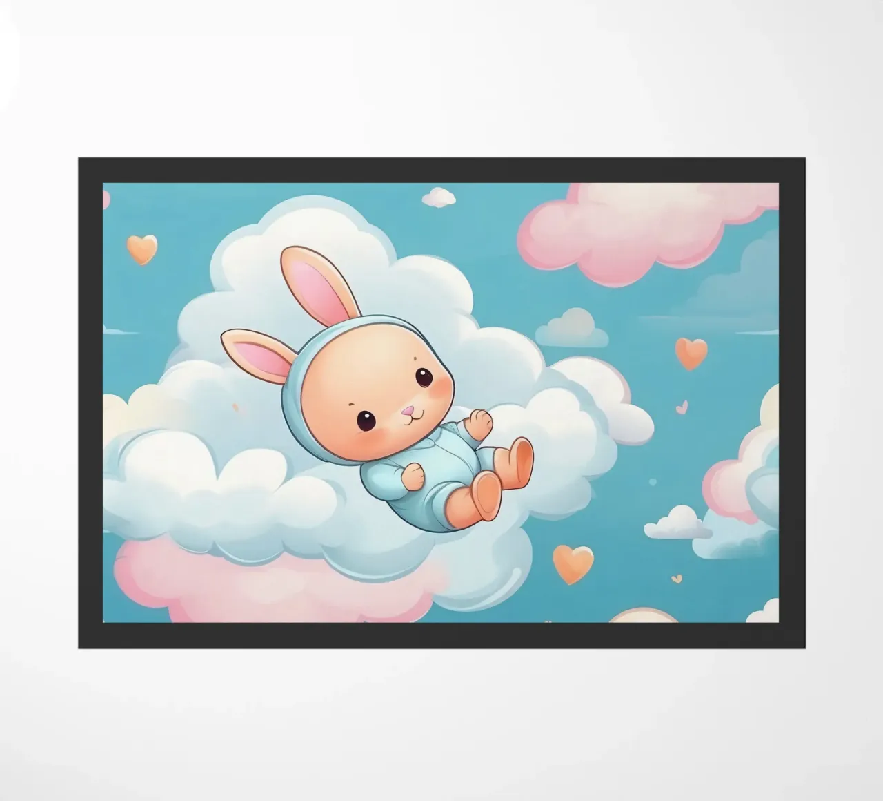 Simpatico coniglietto che fluttua tra soffici nuvole dai colori pastello zerbino da DesignDoodle