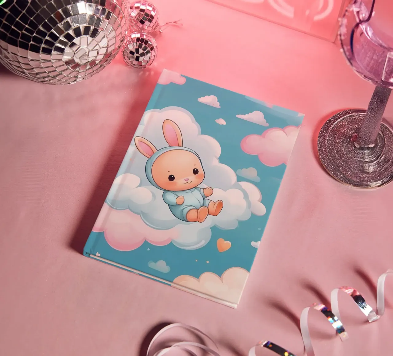 Cute bunny floating among fluffy clouds with pastel colors notebook by DesignDoodle