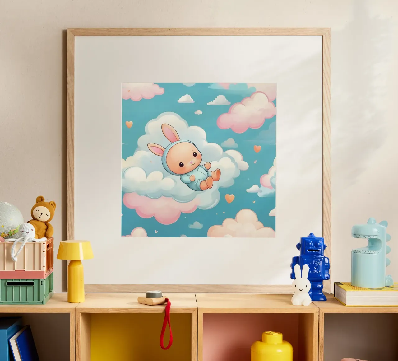 Cute bunny floating among fluffy clouds with pastel colors hahnemühle by DesignDoodle