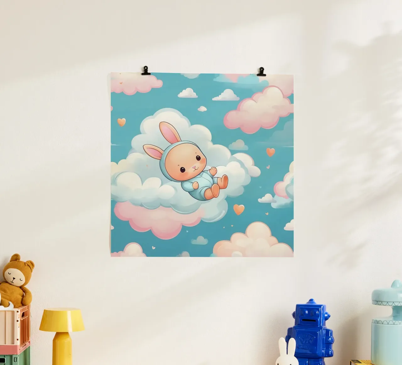 Cute bunny floating among fluffy clouds with pastel colors hahnemühle by DesignDoodle