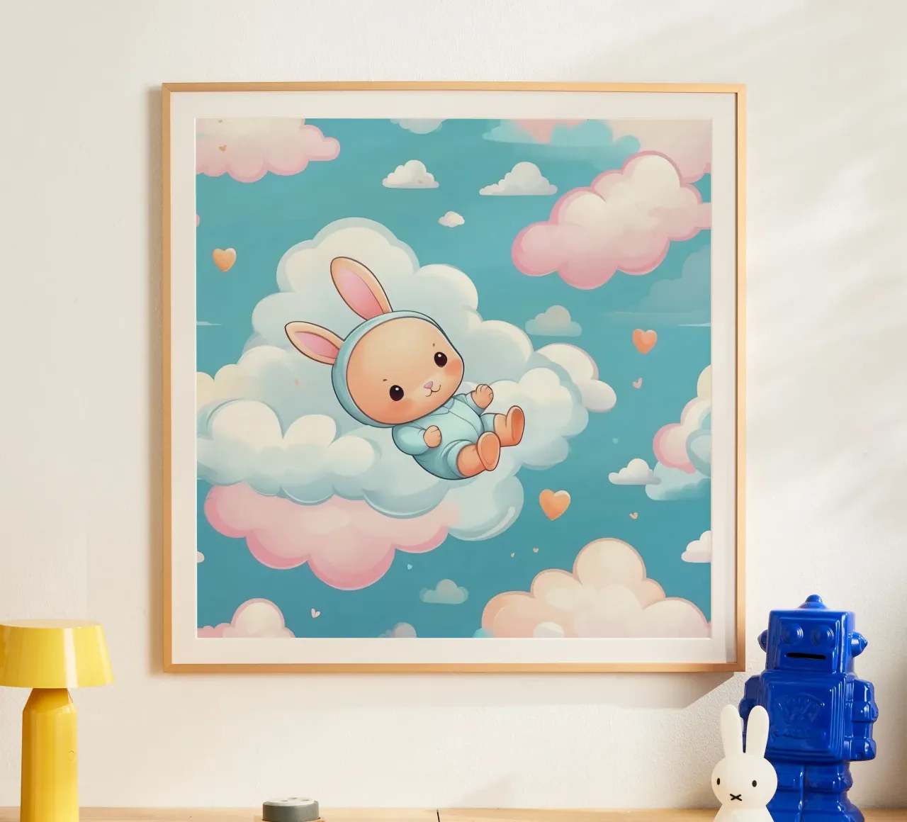 Cute bunny floating among fluffy clouds with pastel colors hahnemühle by DesignDoodle