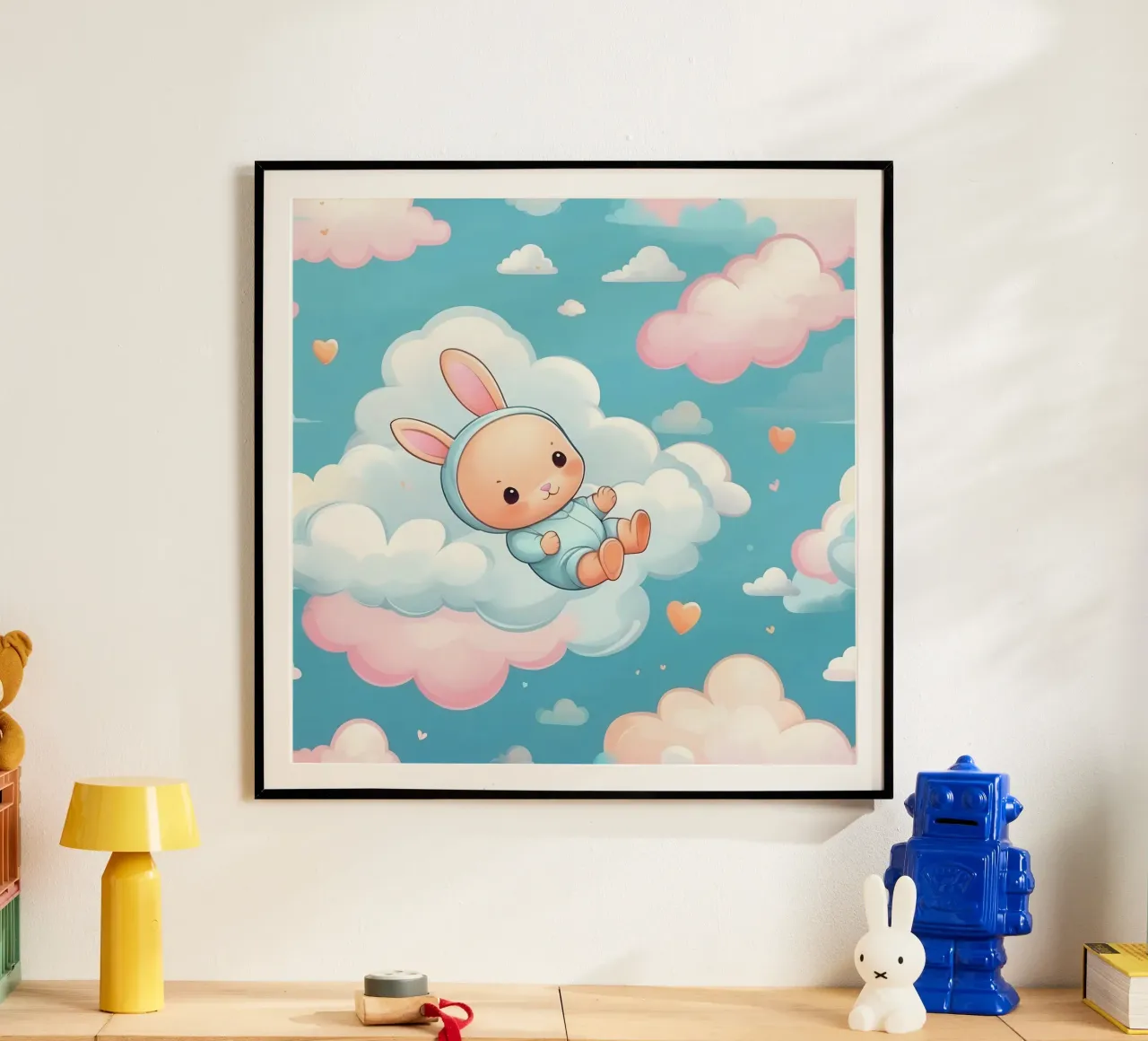 Cute bunny floating among fluffy clouds with pastel colors hahnemühle by DesignDoodle