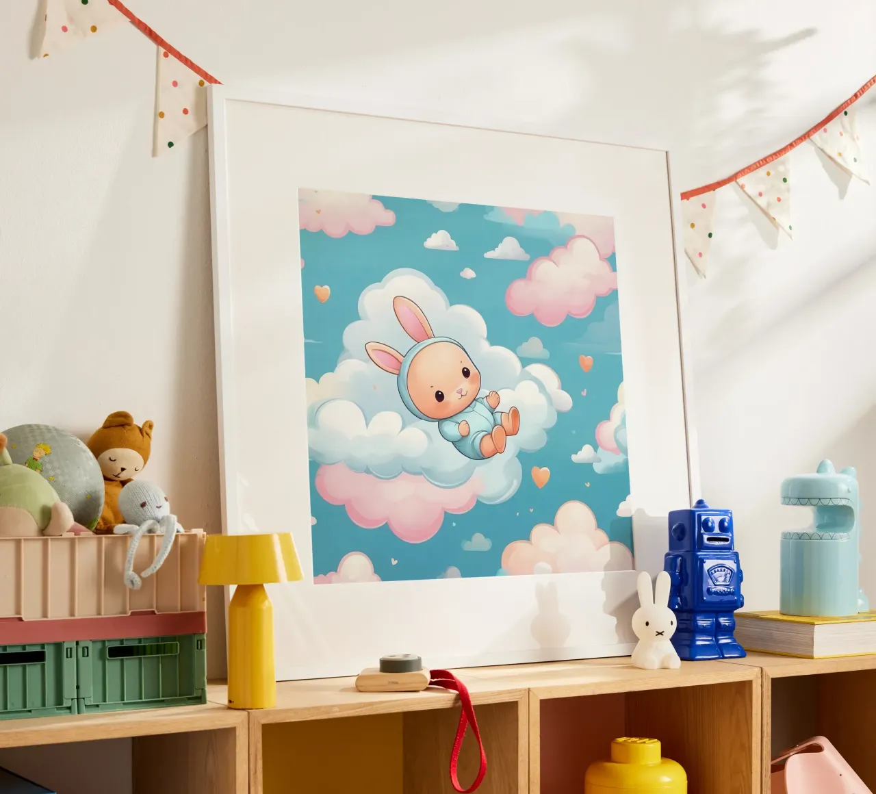 Cute bunny floating among fluffy clouds with pastel colors hahnemühle by DesignDoodle