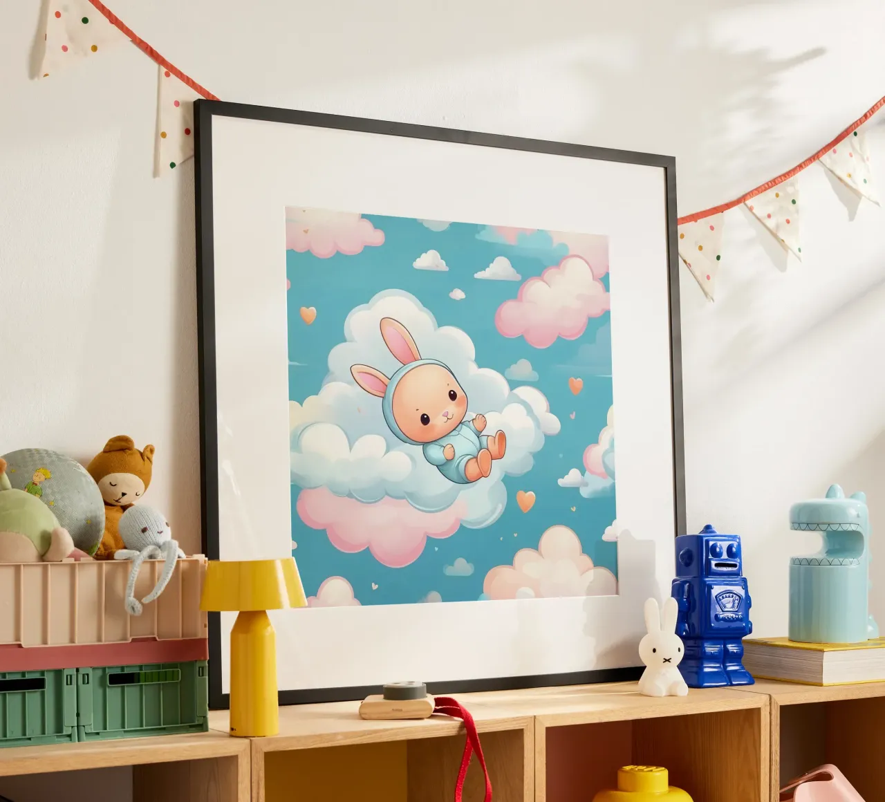 Cute bunny floating among fluffy clouds with pastel colors hahnemühle by DesignDoodle
