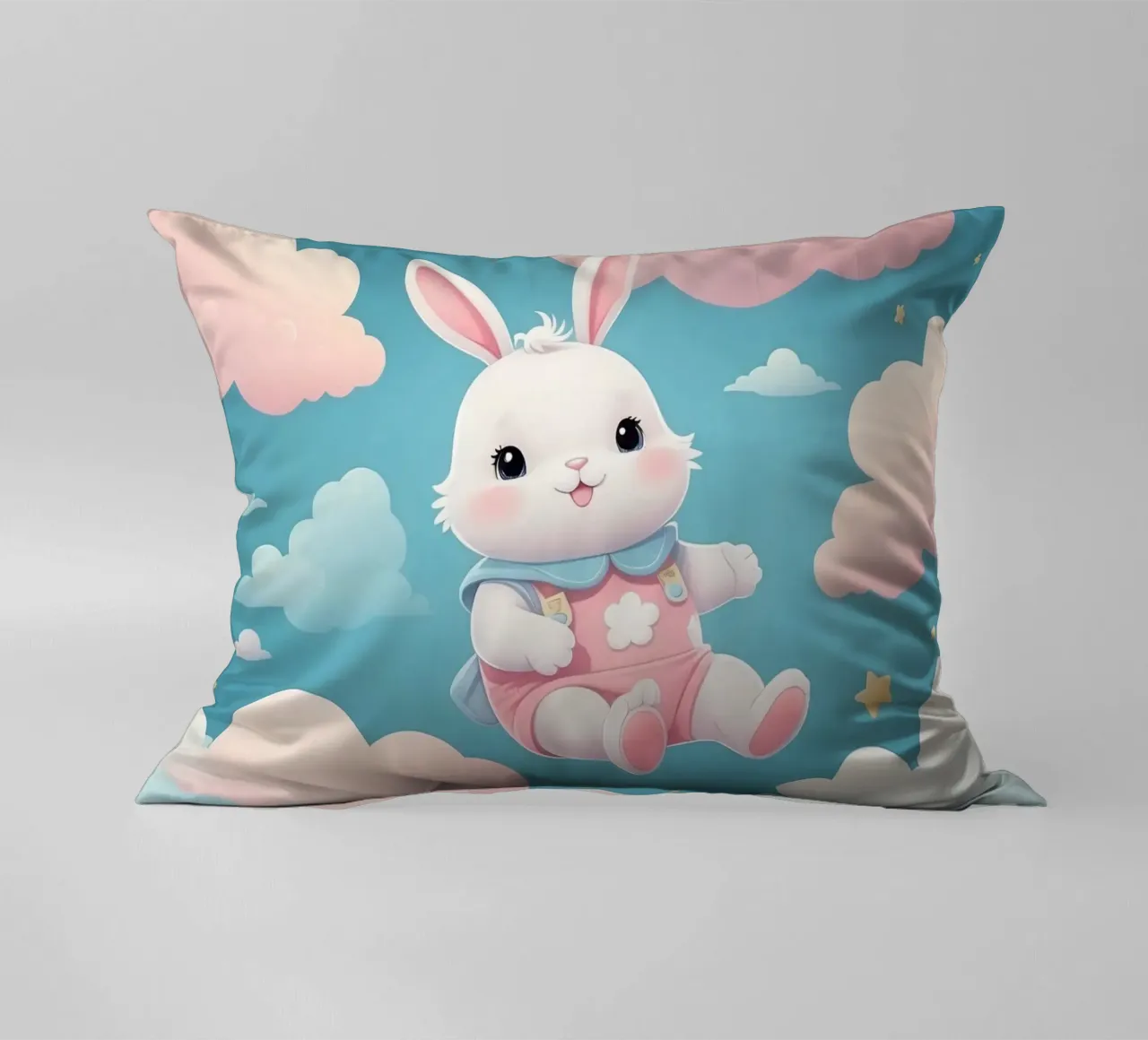 Simpatico coniglietto in abito rosa che fluttua tra soffici nuvole cuscino da DesignDoodle