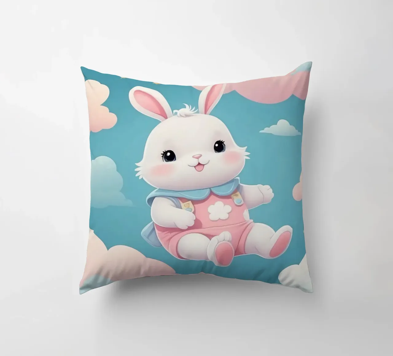 Simpatico coniglietto in abito rosa che fluttua tra soffici nuvole cuscino da DesignDoodle