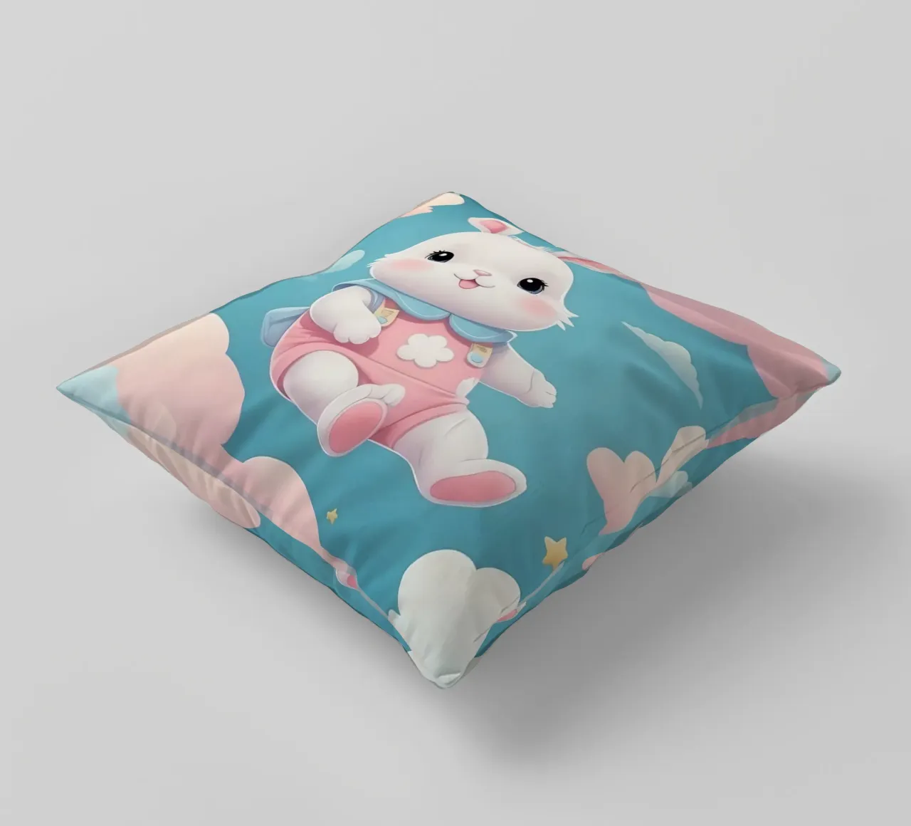 Simpatico coniglietto in abito rosa che fluttua tra soffici nuvole cuscino da DesignDoodle