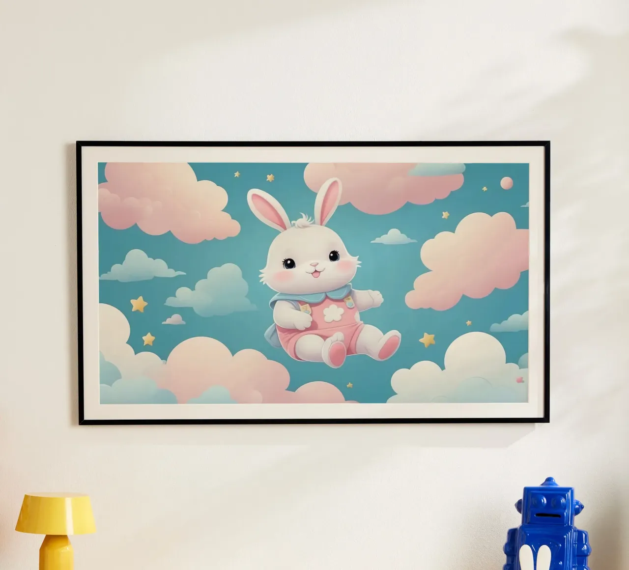 Simpatico coniglietto in abito rosa che fluttua tra soffici nuvole poster da DesignDoodle