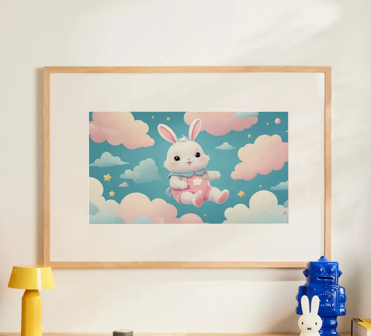 Simpatico coniglietto in abito rosa che fluttua tra soffici nuvole poster da DesignDoodle