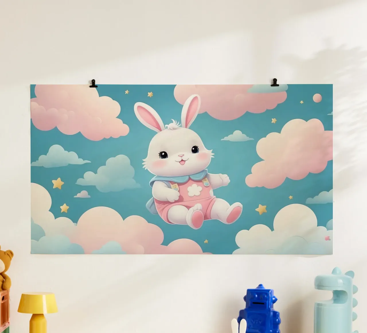 Simpatico coniglietto in abito rosa che fluttua tra soffici nuvole poster da DesignDoodle