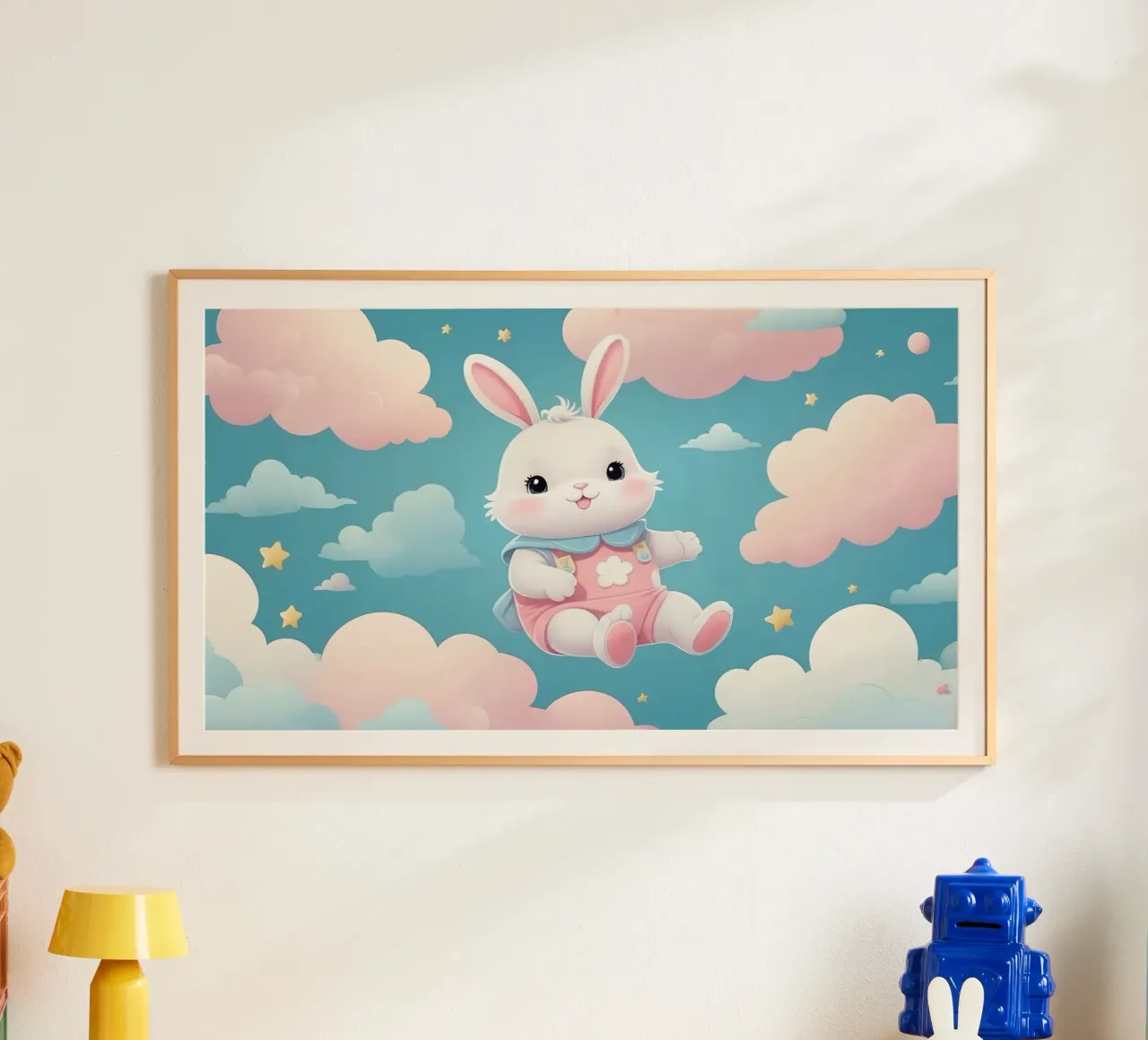 Simpatico coniglietto in abito rosa che fluttua tra soffici nuvole poster da DesignDoodle