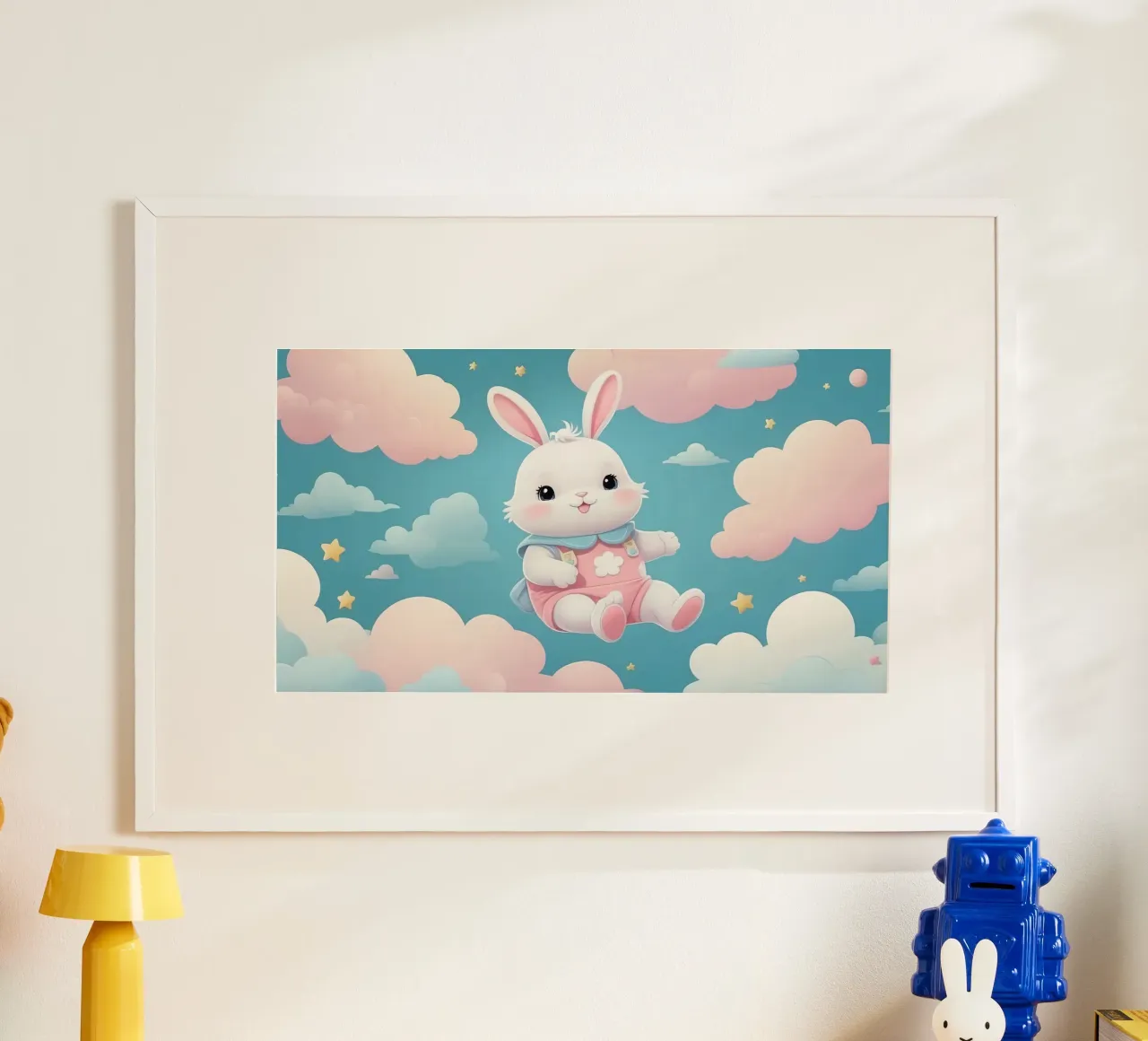 Simpatico coniglietto in abito rosa che fluttua tra soffici nuvole poster da DesignDoodle