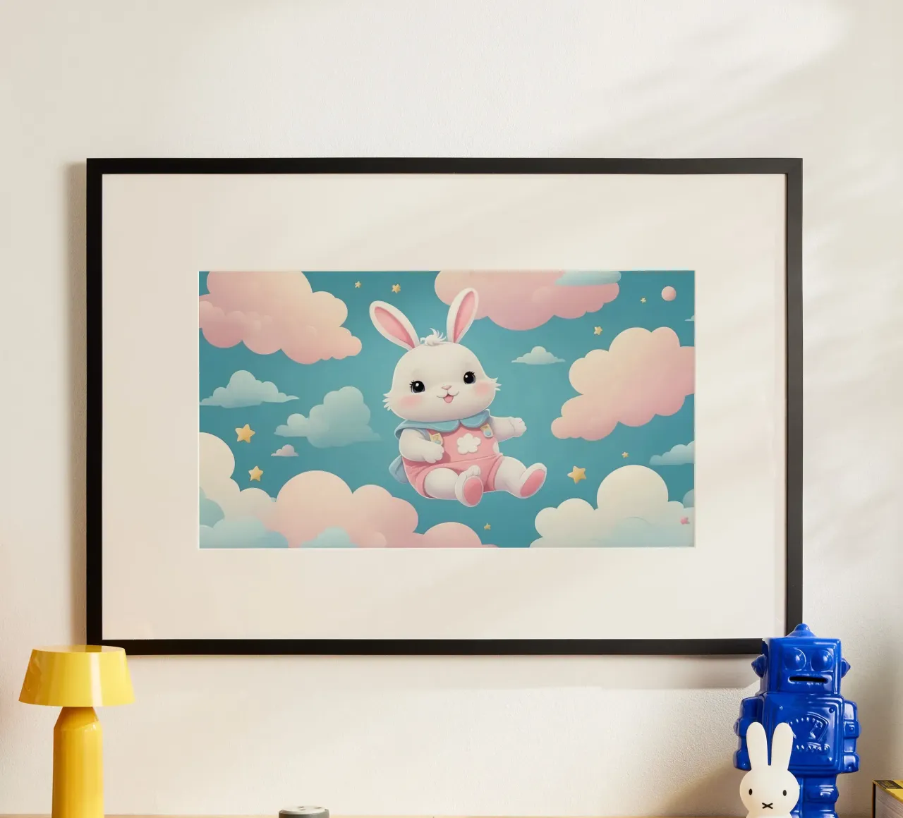 Simpatico coniglietto in abito rosa che fluttua tra soffici nuvole poster da DesignDoodle