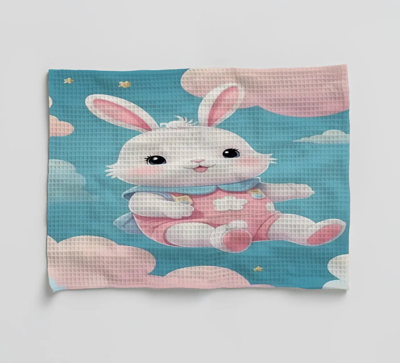 Mignon lapin en tenue rose flottant parmi des nuages duveteux torchon de DesignDoodle