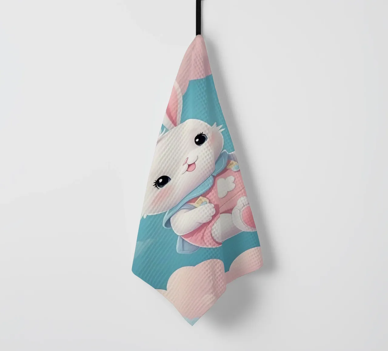 Mignon lapin en tenue rose flottant parmi des nuages duveteux torchon de DesignDoodle