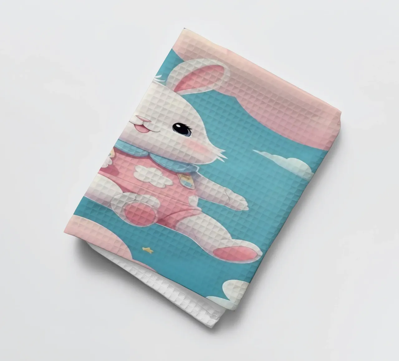 Mignon lapin en tenue rose flottant parmi des nuages duveteux torchon de DesignDoodle