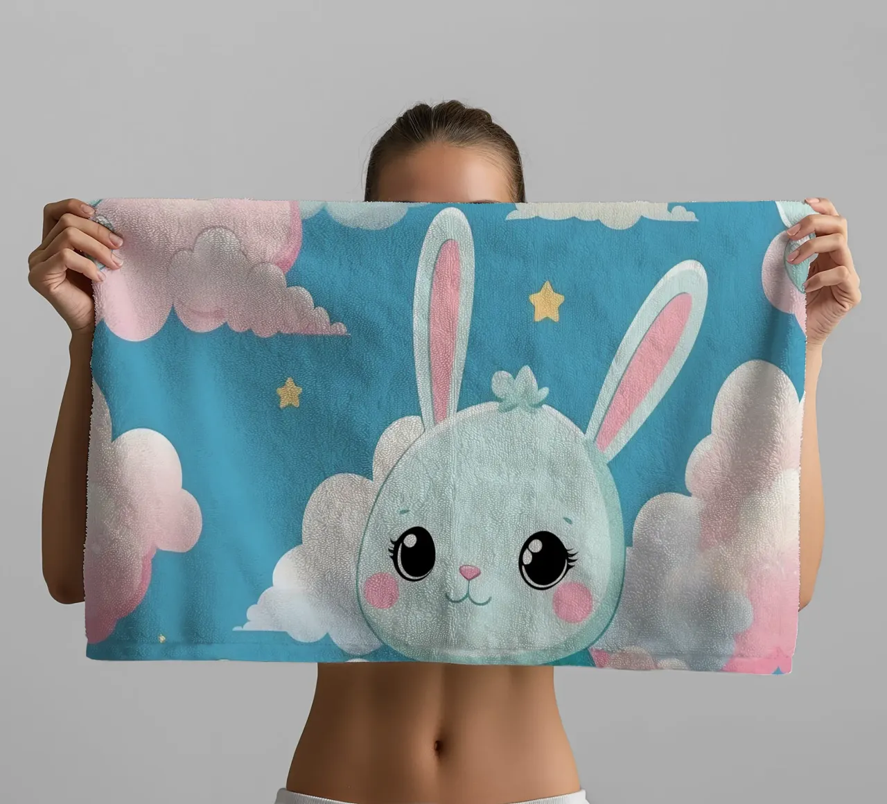 Cute pastel bunny character sitting on clouds in dreamy sky towel by DesignDoodle
