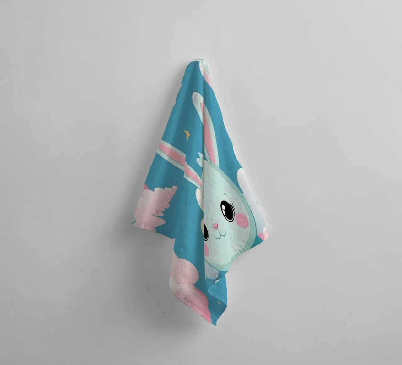 Cute pastel bunny character sitting on clouds in dreamy sky towel by DesignDoodle
