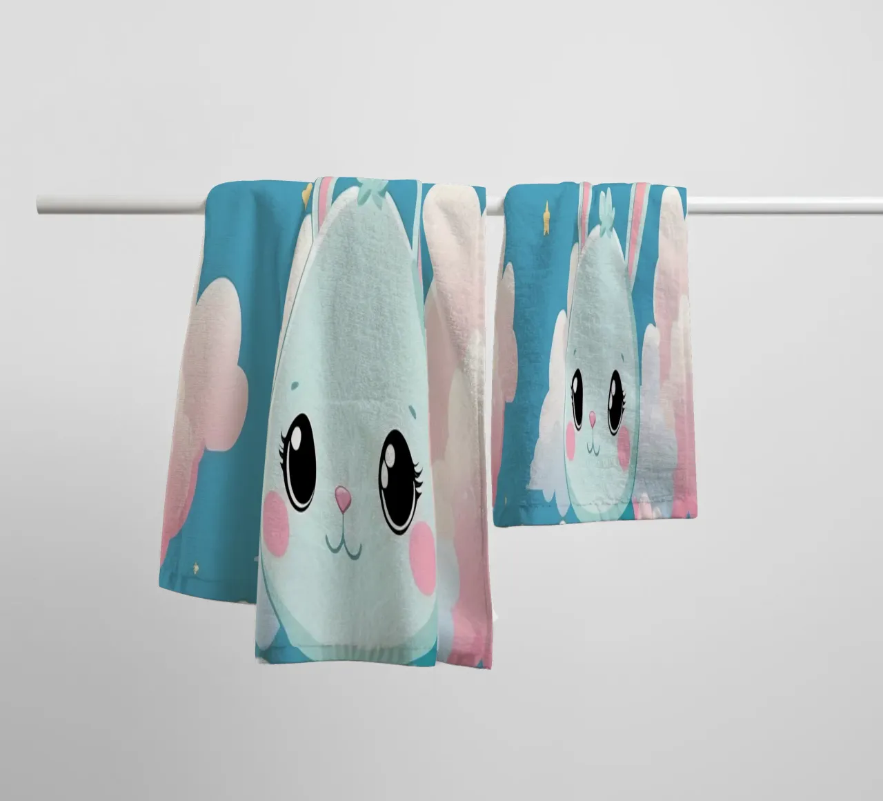 Cute pastel bunny character sitting on clouds in dreamy sky towel by DesignDoodle