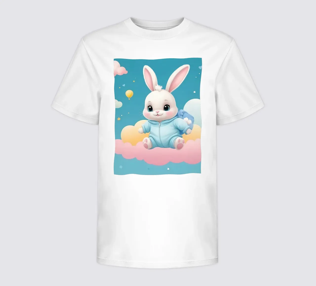 Lindo conejo de dibujos animados en un traje azul flotando en las nubes con camiseta para niños de DesignDoodle