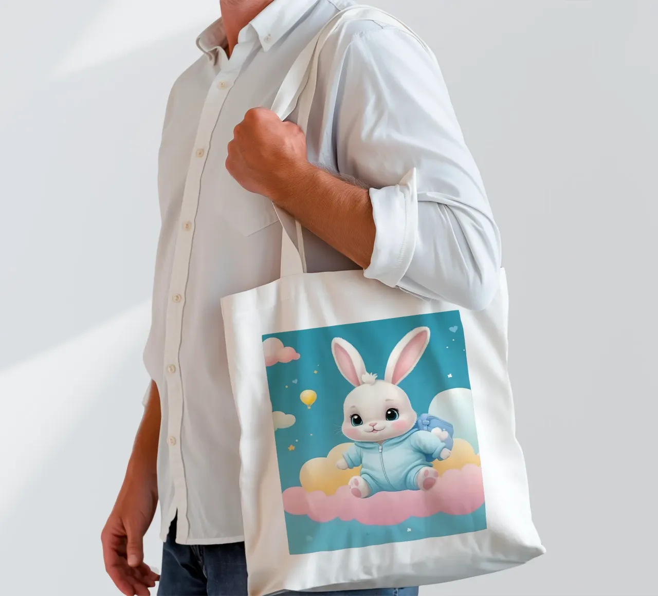 Cute cartoon rabbit in a blue outfit floating on clouds with tote bag by DesignDoodle