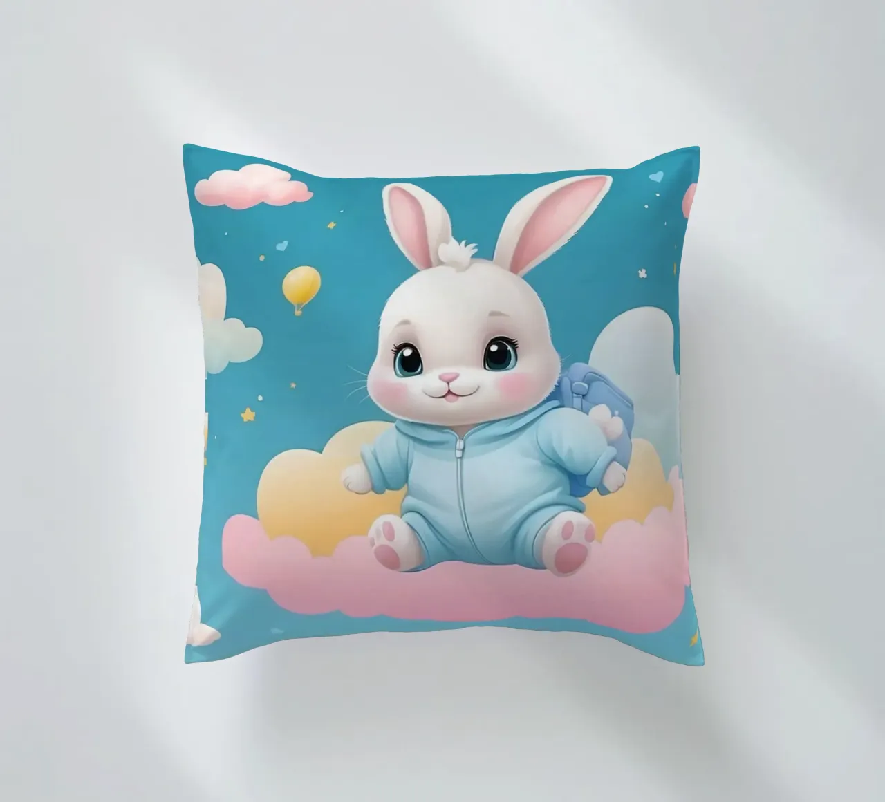 Cute cartoon rabbit in a blue outfit floating on clouds with decorative cushion by DesignDoodle