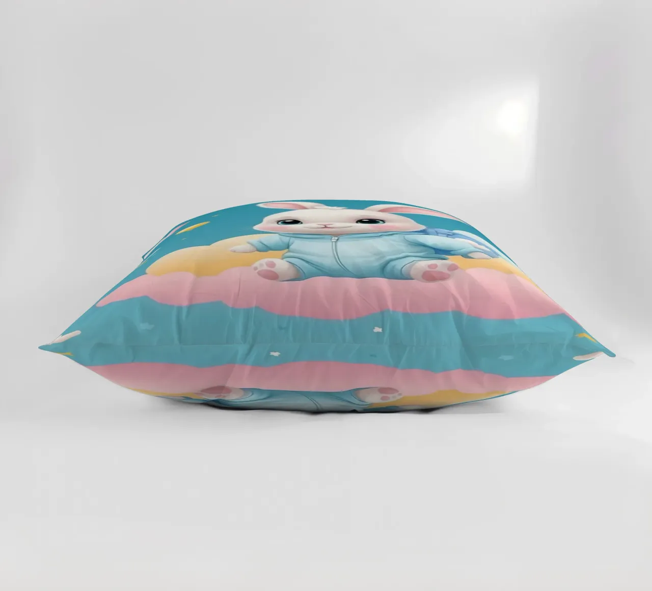 Cute cartoon rabbit in a blue outfit floating on clouds with decorative cushion by DesignDoodle