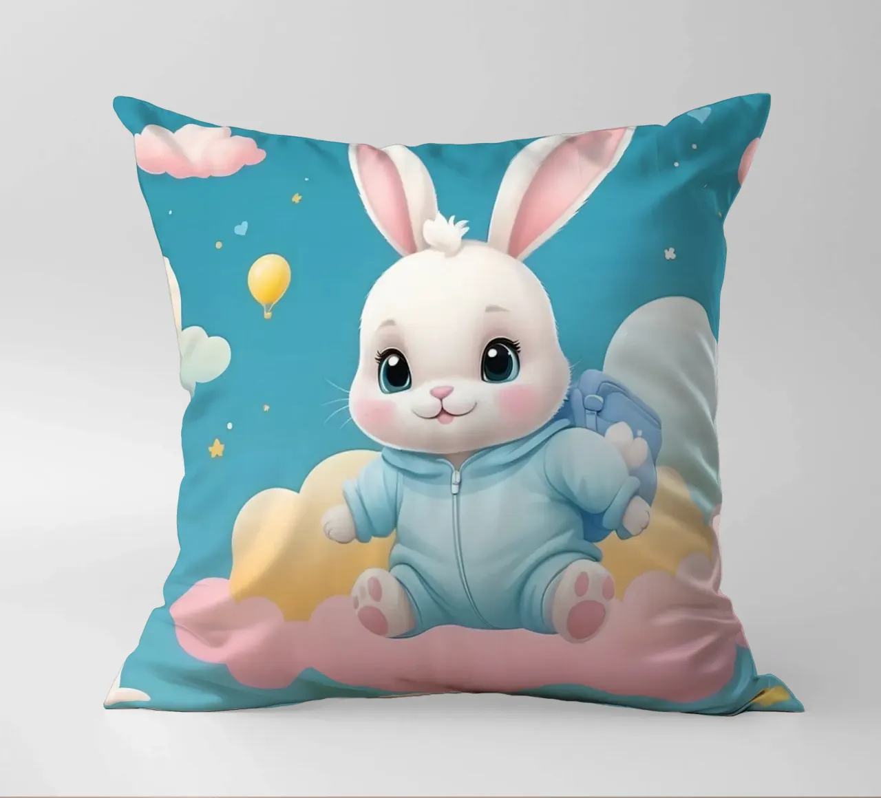 Cute cartoon rabbit in a blue outfit floating on clouds with decorative cushion by DesignDoodle