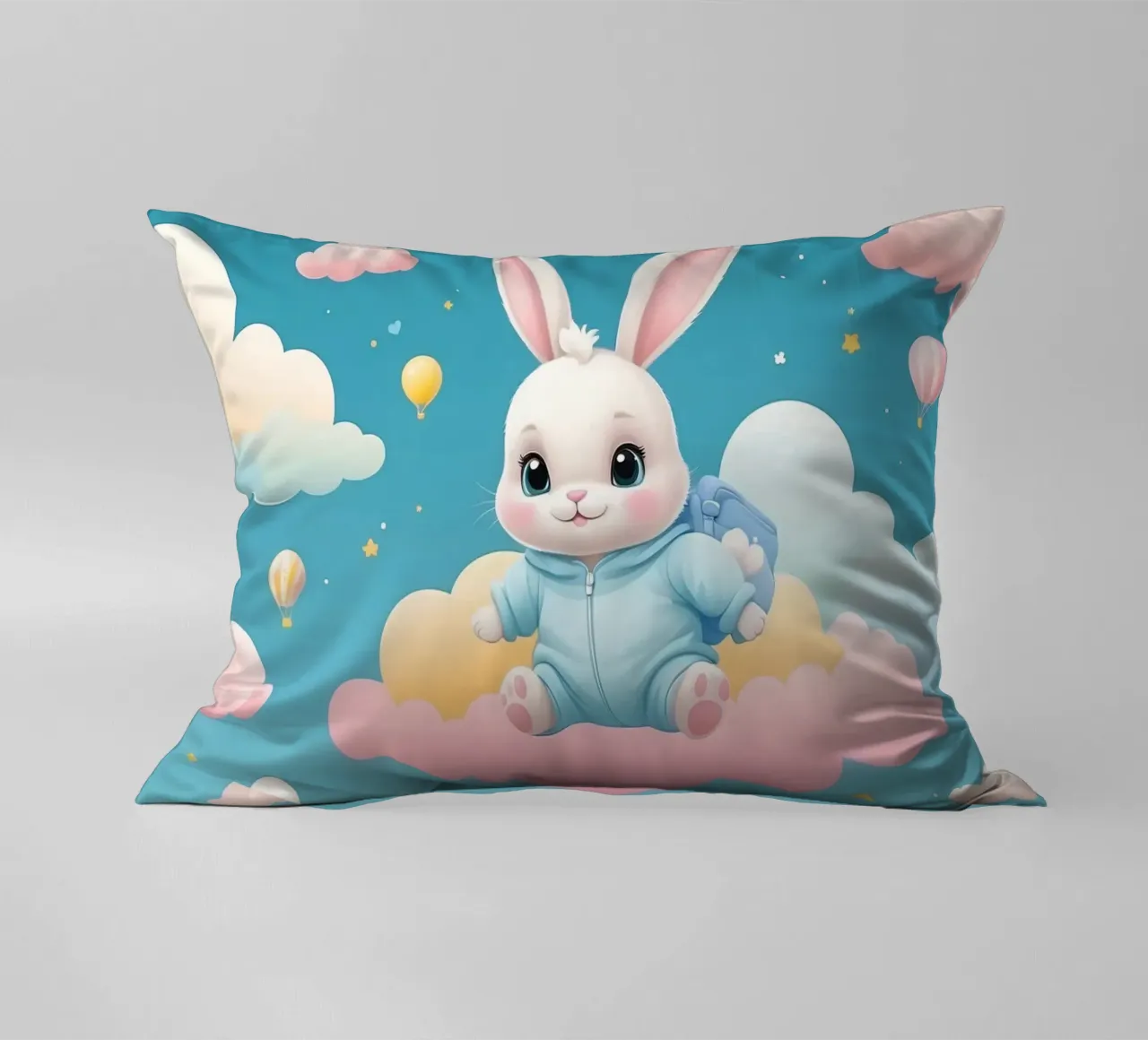Cute cartoon rabbit in a blue outfit floating on clouds with decorative cushion by DesignDoodle