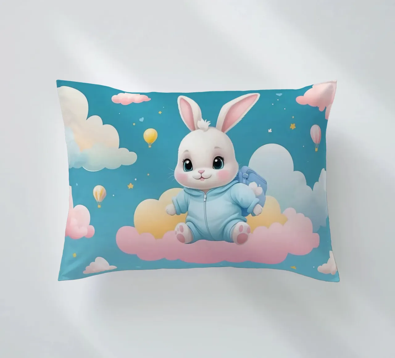 Cute cartoon rabbit in a blue outfit floating on clouds with decorative cushion by DesignDoodle