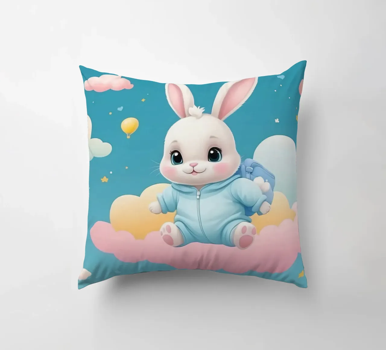 Cute cartoon rabbit in a blue outfit floating on clouds with decorative cushion by DesignDoodle