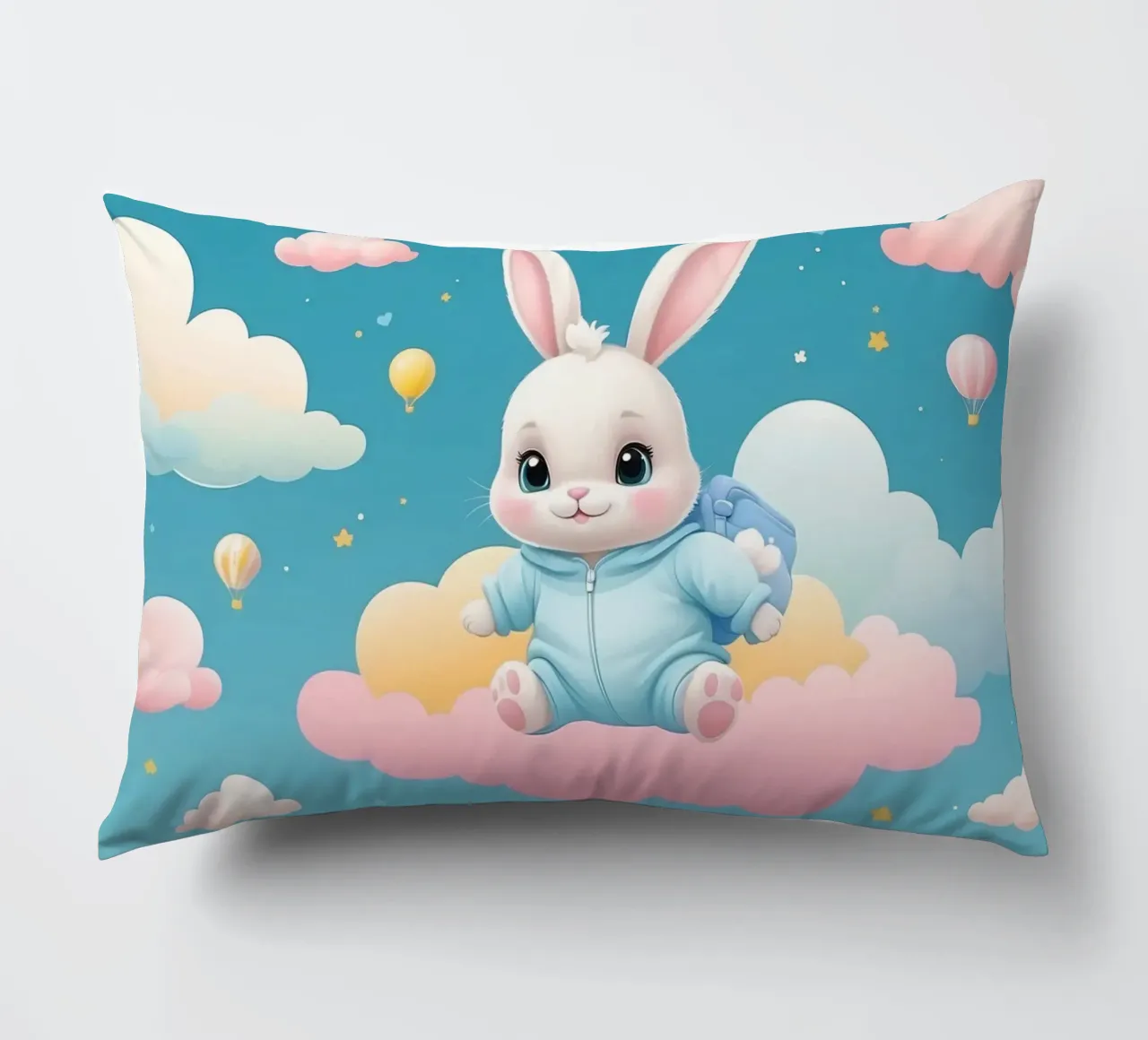 Cute cartoon rabbit in a blue outfit floating on clouds with decorative cushion by DesignDoodle