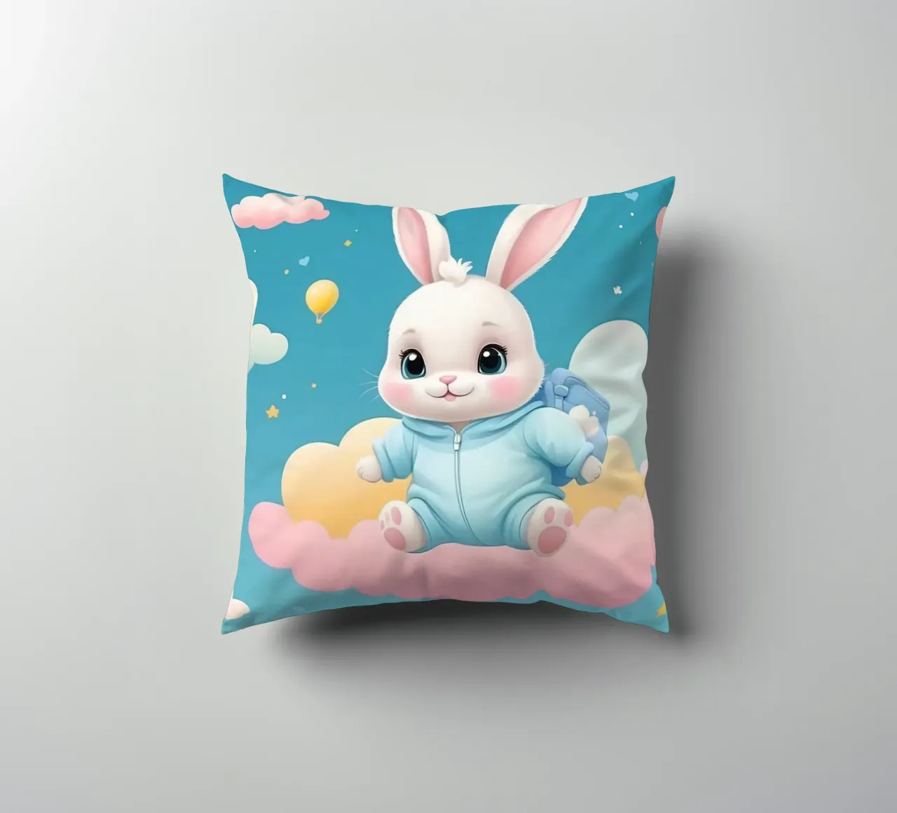Cute cartoon rabbit in a blue outfit floating on clouds with decorative cushion by DesignDoodle