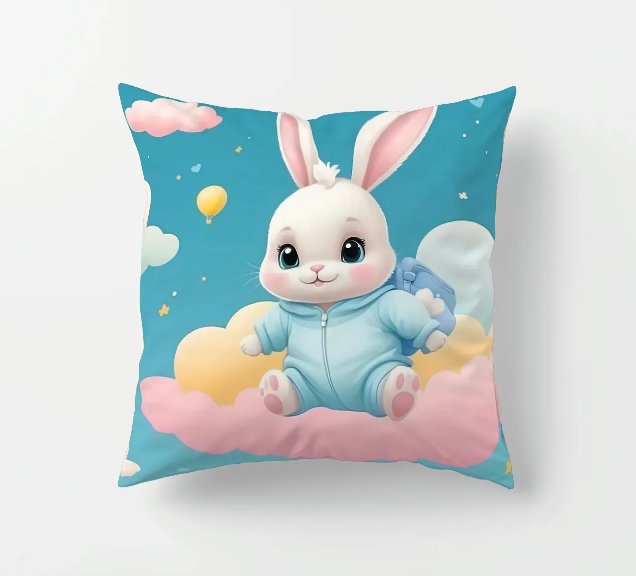 Cute cartoon rabbit in a blue outfit floating on clouds with decorative cushion by DesignDoodle