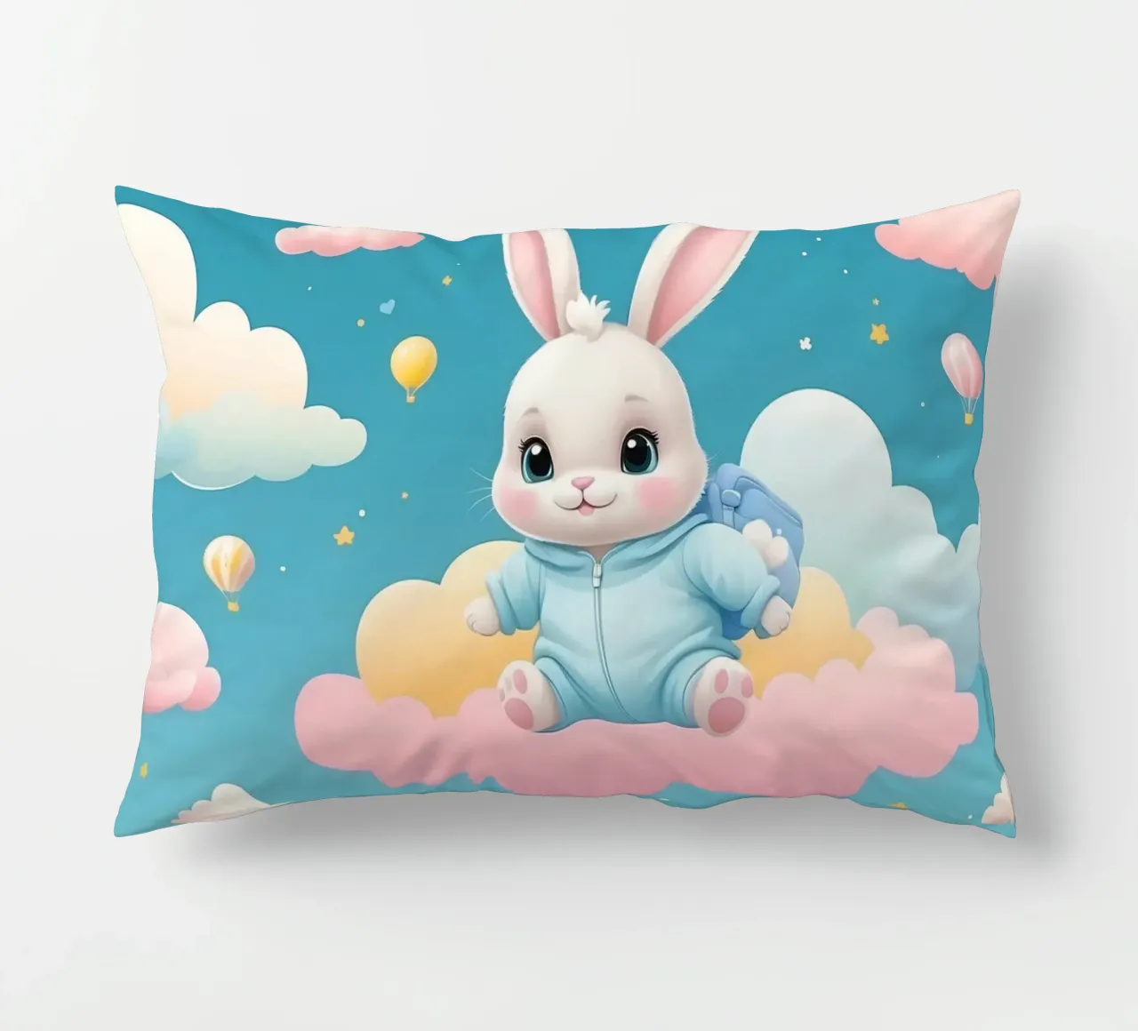 Cute cartoon rabbit in a blue outfit floating on clouds with decorative cushion by DesignDoodle