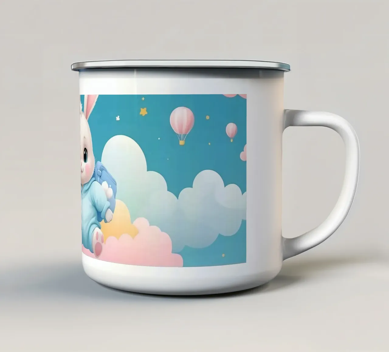 Cute cartoon rabbit in a blue outfit floating on clouds with enamel mug by DesignDoodle