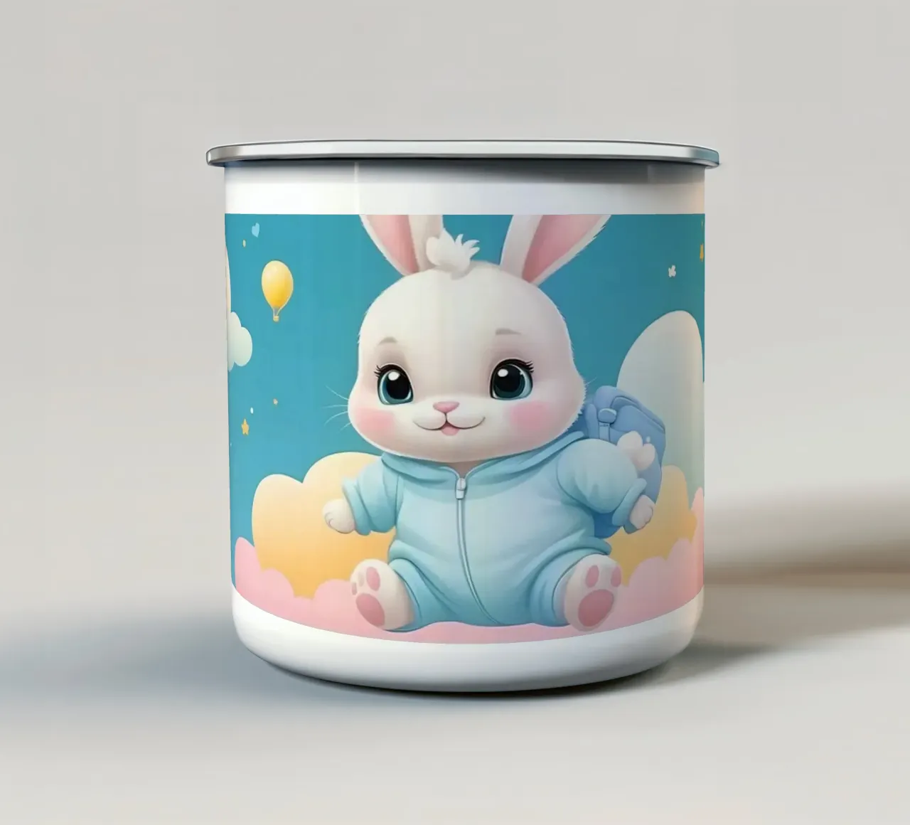 Cute cartoon rabbit in a blue outfit floating on clouds with enamel mug by DesignDoodle