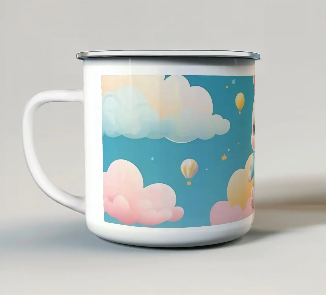 Cute cartoon rabbit in a blue outfit floating on clouds with enamel mug by DesignDoodle