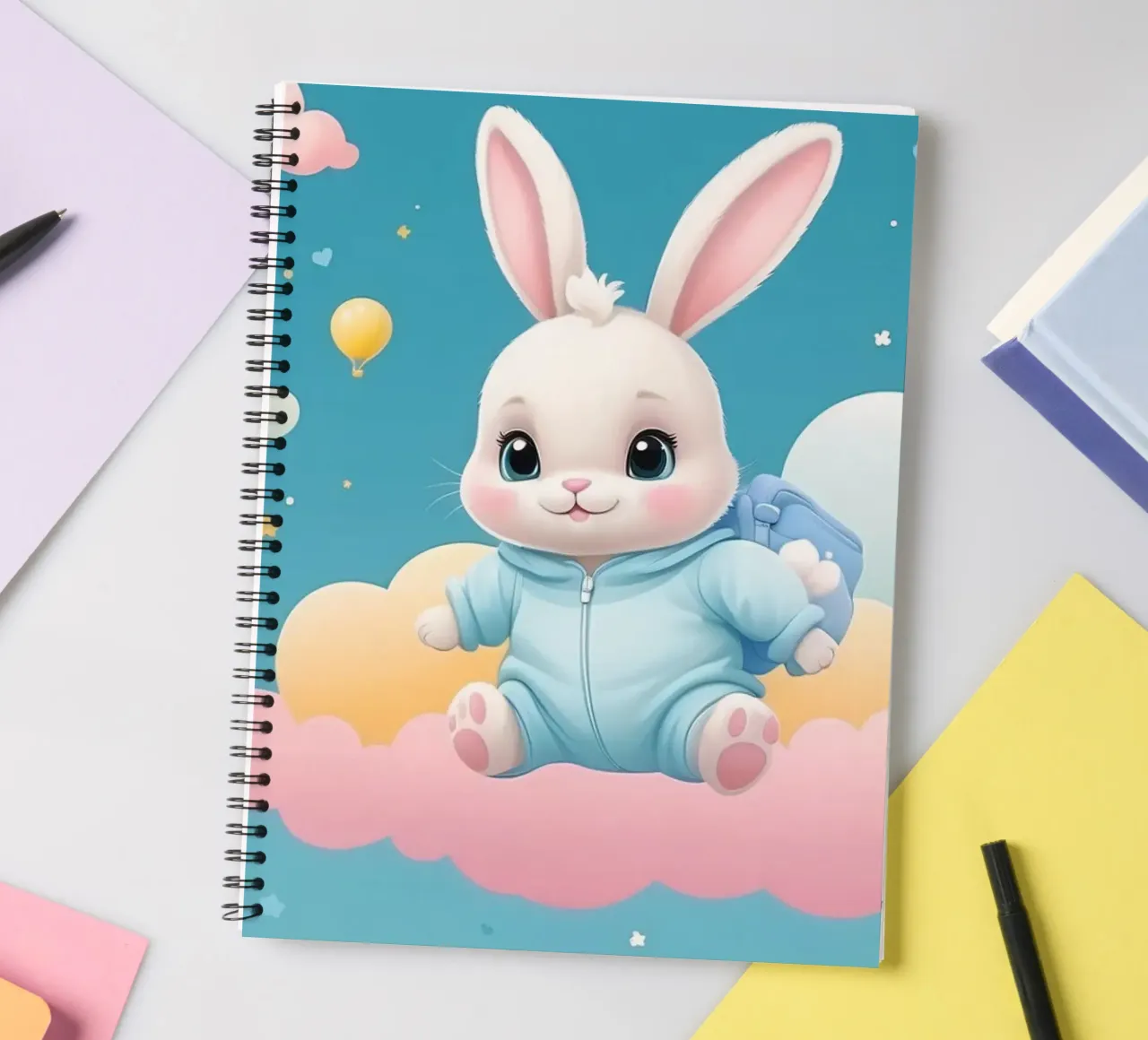 Cute cartoon rabbit in a blue outfit floating on clouds with spiral notebook by DesignDoodle