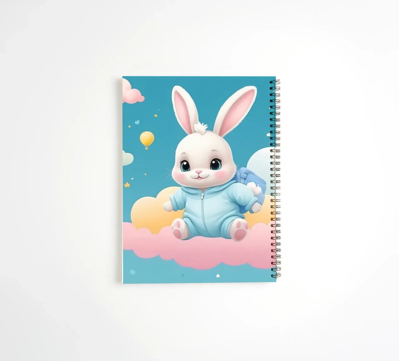 Cute cartoon rabbit in a blue outfit floating on clouds with spiral notebook by DesignDoodle