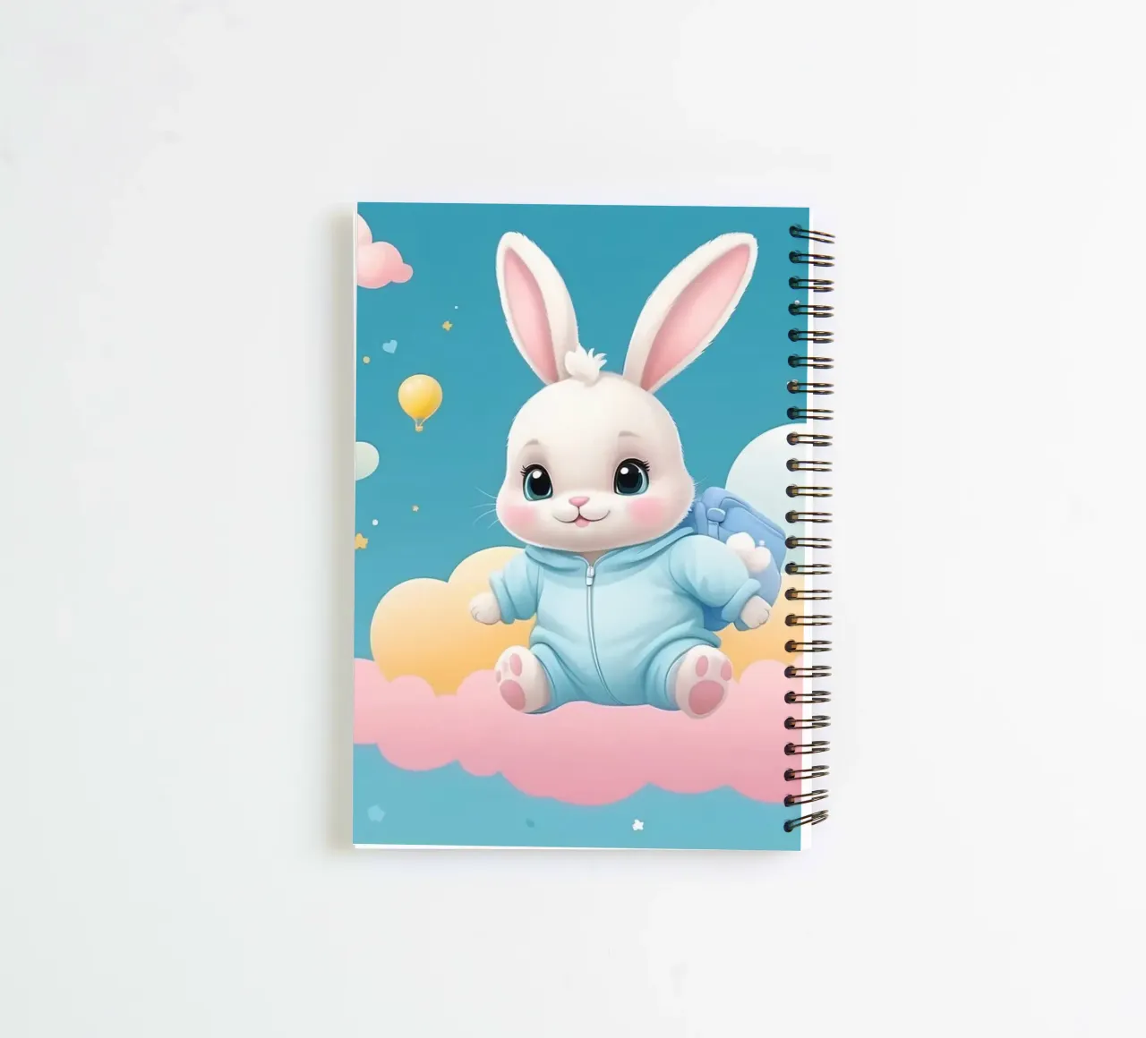 Cute cartoon rabbit in a blue outfit floating on clouds with spiral notebook by DesignDoodle