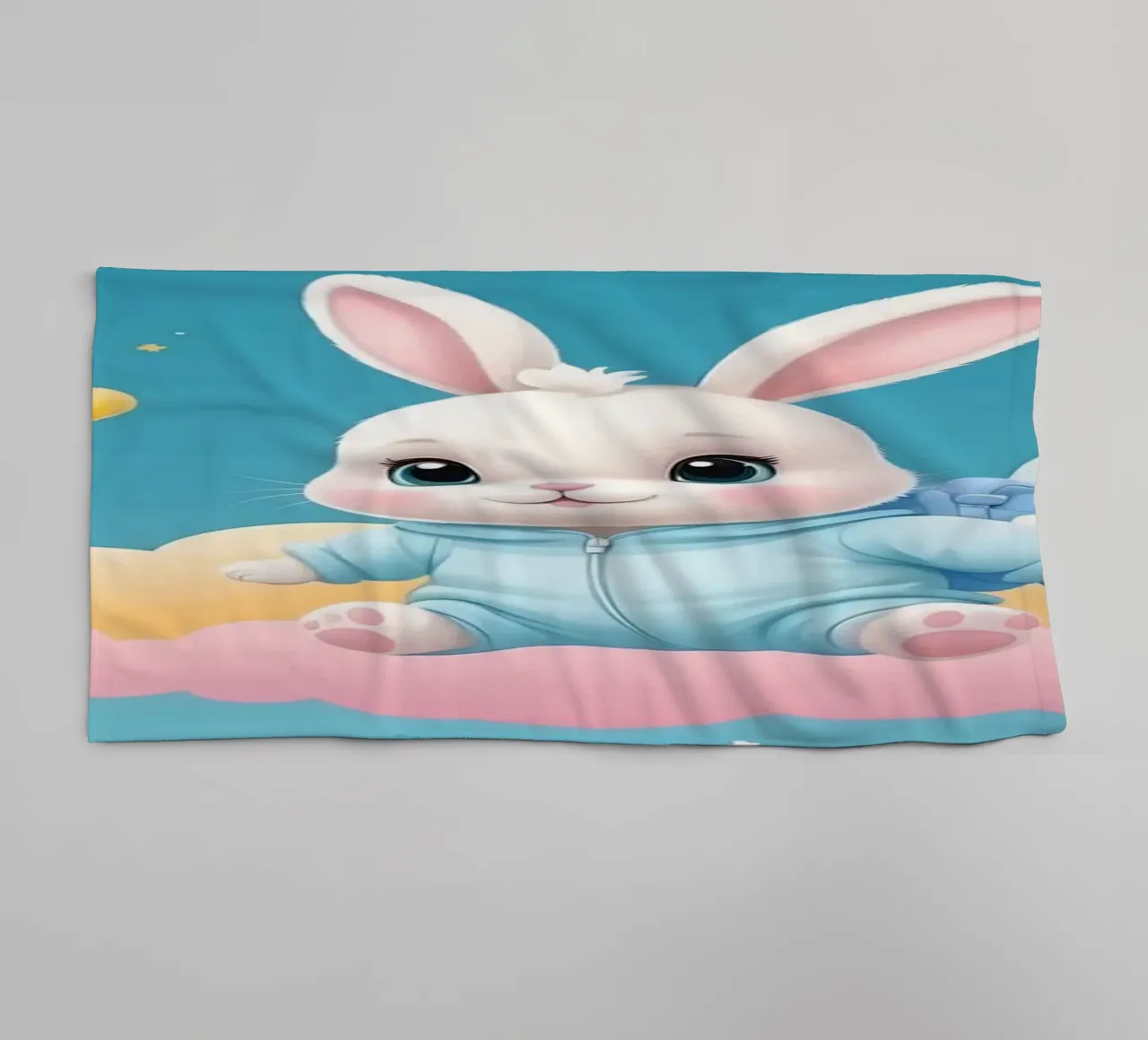 Cute cartoon rabbit in a blue outfit floating on clouds with towel by DesignDoodle