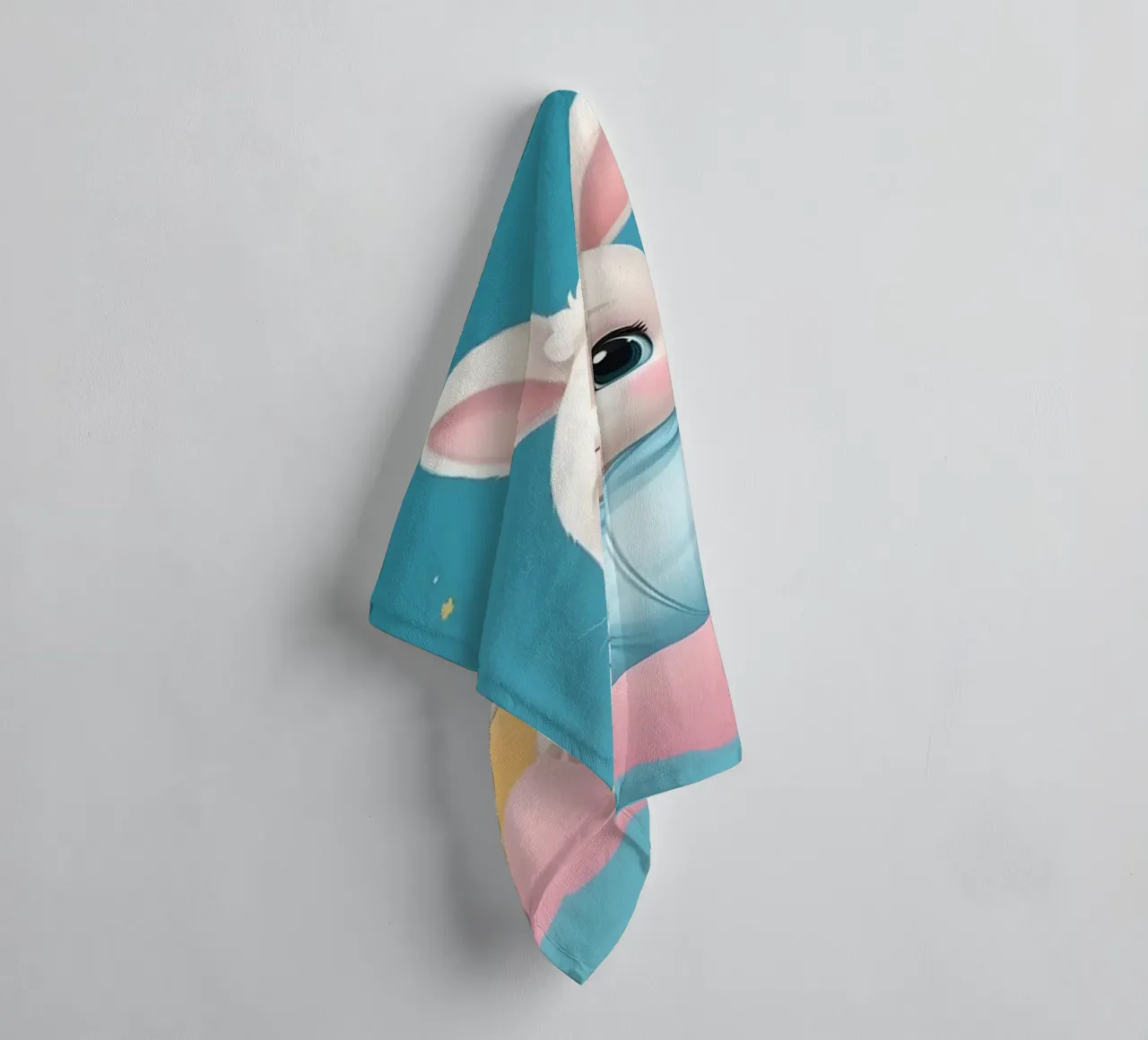 Cute cartoon rabbit in a blue outfit floating on clouds with towel by DesignDoodle