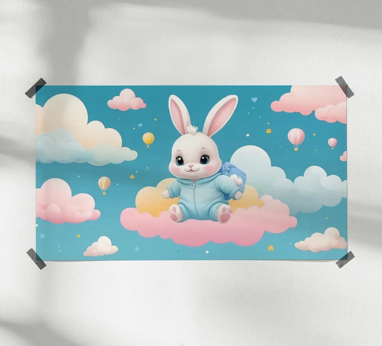 Lindo conejo de dibujos animados en un traje azul flotando en las nubes con hahnemühle de DesignDoodle