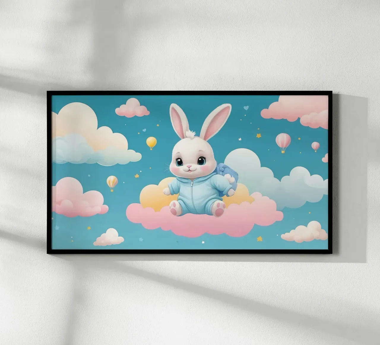Lindo conejo de dibujos animados en un traje azul flotando en las nubes con hahnemühle de DesignDoodle