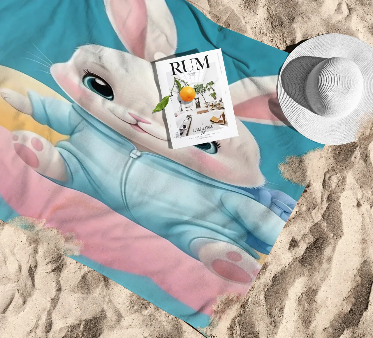 Lindo conejo de dibujos animados en un traje azul flotando en las nubes con toalla de playa de DesignDoodle