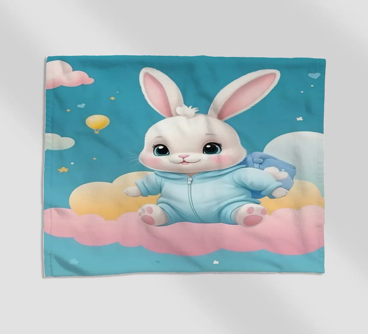 Lindo conejo de dibujos animados en un traje azul flotando en las nubes con toalla de playa de DesignDoodle