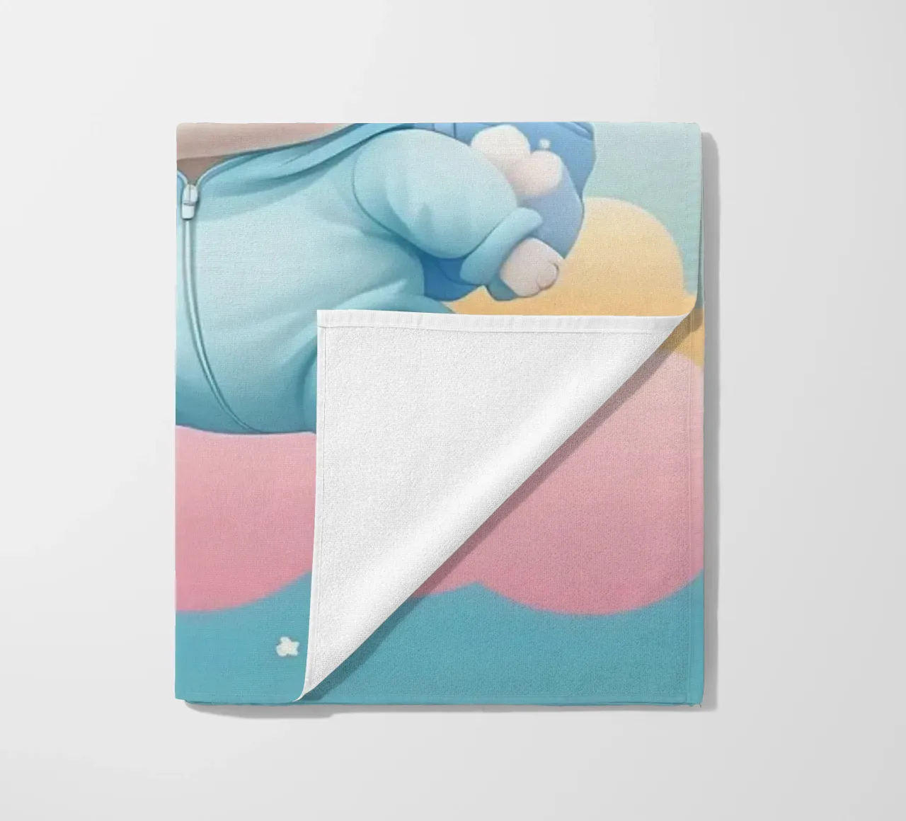 Lindo conejo de dibujos animados en un traje azul flotando en las nubes con toalla de playa de DesignDoodle